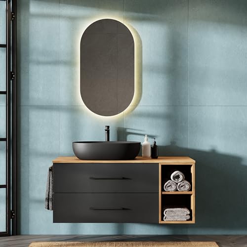 Planetmöbel LUX Badmöbel Set Waschbecken mit Unterschrank 120 cm, Aufsatz-Waschbecken 60cm schwarz, Spiegel 50 cm (ohne LED) Waschbeckenunterschrank Gold Eiche/Anthrazit