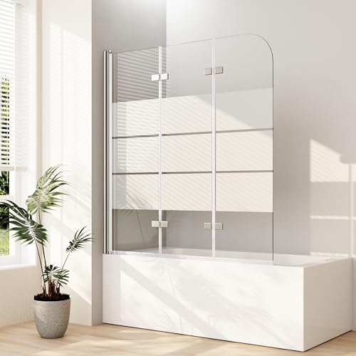 Boromal Duschwand für badewanne, 140x140cm Milchglas Gestreift 3-teilig Faltbar Badewannenaufsatz Duschtrennwand Duschabtrennung mit 6mm ESG Glas