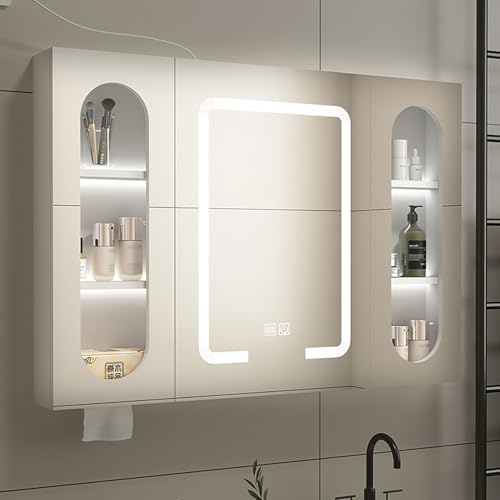 Spiegelschrank, Spiegelschrank Bad Mit Beleuchtung, Badezimmerspiegelschrank Mit LED-Leuchten, Badezimmer Spiegelschrank, With Touch Switch Bathroom Cabinet, Mit Stauraum LED-Uhr Antibeschlag(White,80