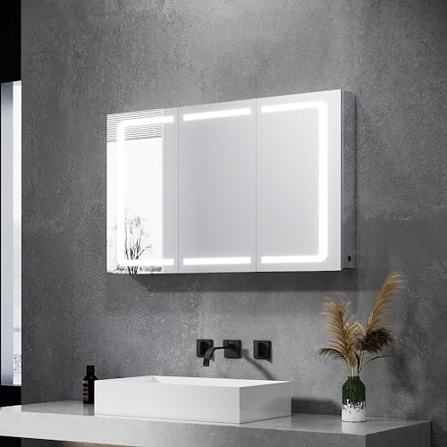 SONNI Spiegelschrank Bad mit Beleuchtung 105 x 65 cm IP44 Wasserciht Edelstahl LED doppeltürig Badezimmerschrank, mit Steckdose und Kippschalter für Badezimmer