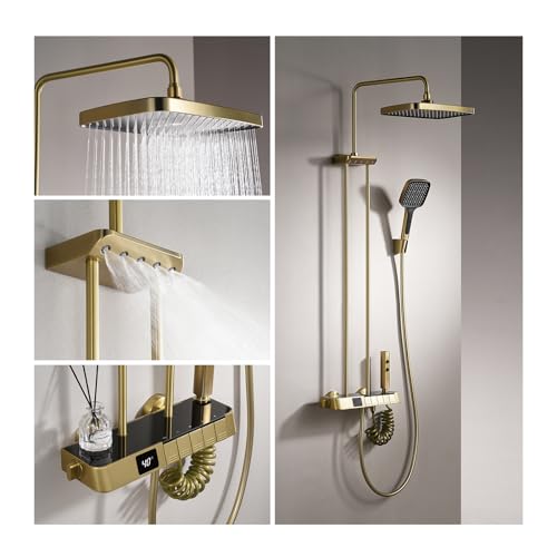 Duschsystem mit Thermostat Gebürstetes Gold, Mischbatterie Duschset Duschsäuleset mit Digitalanzeige, Regendusche aus Messing, 30cm Kopfbrause, Handbrause mit 3 Strahlstärken, Schulterbrause