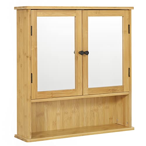 EUGAD Badezimmerschrank mit Spiegel, Hängeschrank für Bad, Spiegelschrank für Badezimmer, Wandschrank mit Türen, hängender Badschrank mit Verstellbarer Ablage, aus Bambus, 56x58x14 cm