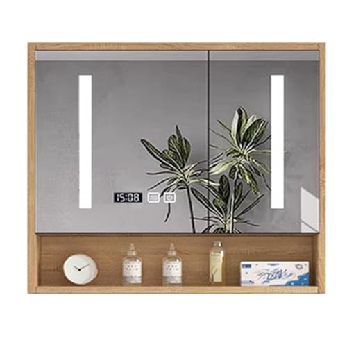 LED Badspiegel mit Aufbewahrung, Massivholz Medikamentenschrank Spiegel mit Lichtern und Intelligenter Anti-Beschlag-Zeitanzeige, Smart Touch Schalter - Schminkspiegel mit LED-Leuchten und