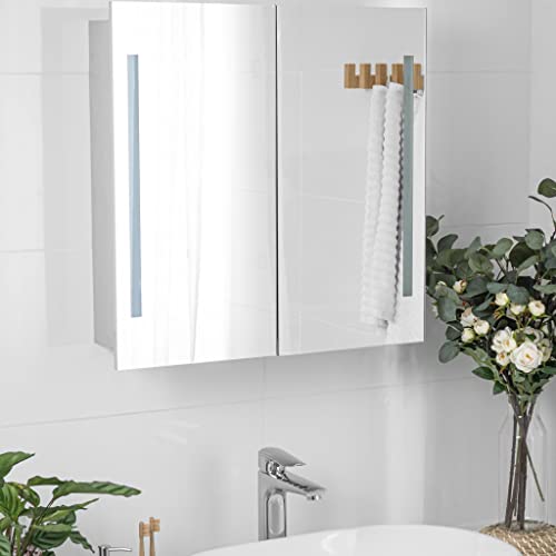 HAPA Design Premium Badezimmer-Spiegelschrank-80cm - Einfache Montage, mit-LED-Licht-13W-seitlich, 2-Türen-mit-3D-Effekt-doppelt-verspiegelt, robuster Alu Korpus. (80x60x14,5cm)