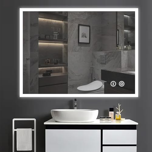 YOLEO Badspiegel mit Beleuchtung 80x60cm, Wandspiegel mit Steckdose, Badzimmerspiegel LED mit Touchschalter, 3...