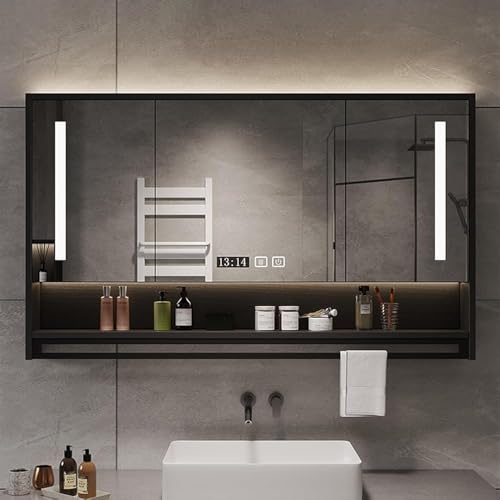 Badezimmerspiegel mit 3 Türen, Badezimmer-Spiegelschrank mit LED-Lichtern, Wandmontage, Badezimmerschrank mit verstellbaren Ablagen, Sensor-Touch-Spiegelschrank für Badezimmer (Größe: 90 x 75 x 12 cm,