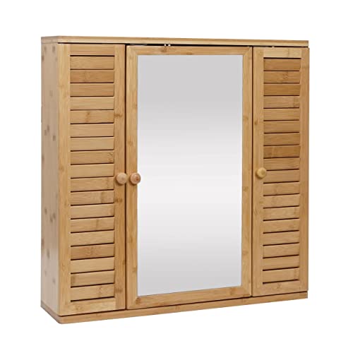 Mendler Spiegelschrank HWC-B18AM, Badspiegelschrank Hängeschrank, 3 Regalböden 3 Türen Bambus Spiegel 60x60x15cm