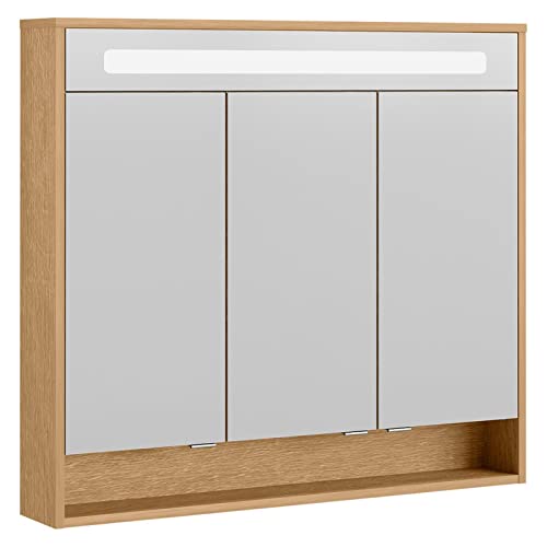 FACKELMANN LED Spiegelschrank Natura/Badschrank mit Soft-Close-System/Maße (B x H x T): ca. 93,5 x 84 x 15,5 cm/hochwertiger Schrank mit Spiegel und Beleuchtung fürs Badezimmer/Korpus: Braun