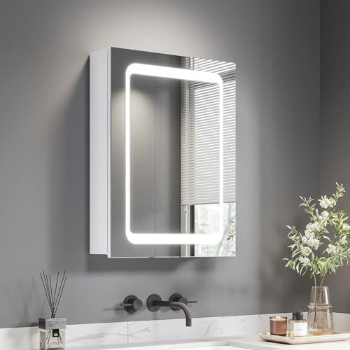 Dripex Spiegelschrank Bad mit Beleuchtung Weiß, Glasablage und Steckdose, Badezimmerschrank mit Spiegel, Sensor-Schalter, Beschlagfrei 45 x 60 cm