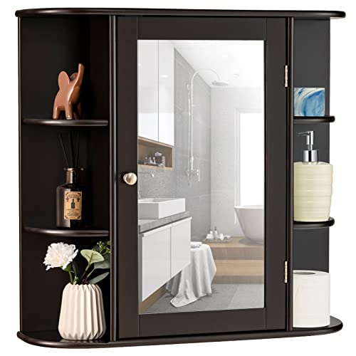 RELAX4LIFE Spiegelschrank, Hängeschrank mit Spiegel & Ablagen, Wandschrank für Badezimmer & Garderobe & Schlafzimmer, hängender Badspiegelschrank mit Tür, bis 20 kg belastbar, 65 x 17 x 63 cm (Braun)