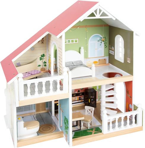 small foot Puppenhaus mit Dachterrasse aus Holz, mit offener Front und Zubehör, für Kinder ab 3 Jahren, 12277