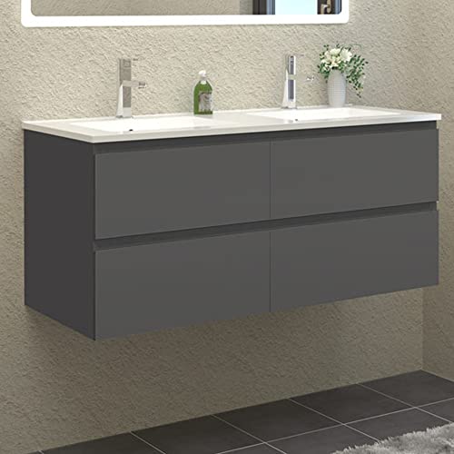 HAPAOSO Doppelwaschtisch mit Unterschrank Badezimmer 120 cm Breit Badmöbel Set mit Waschbecken und 4 Soft-Close Schubladen Waschtisch Unterschrank Grau für Badezimmer Hängend