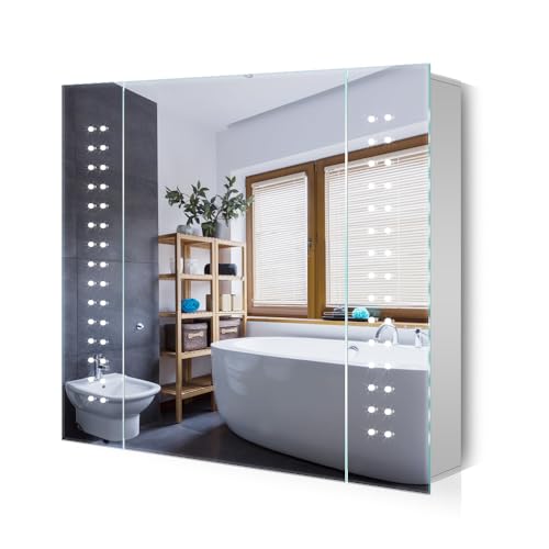 Quavikey Spiegelschrank Bad mit LED Beleuchtung und Rasiersteckdose Einzel Tür Grau Spiegelschrank Bad mit...