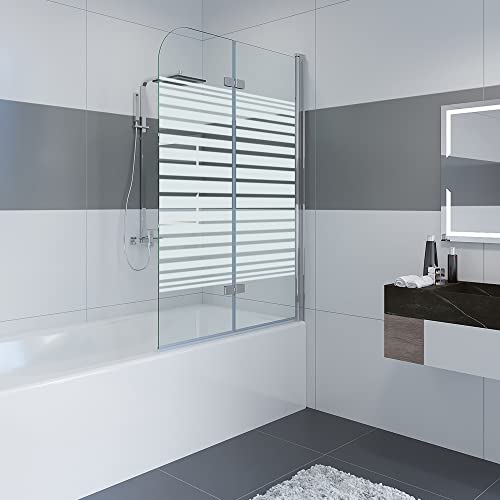 IMPTS 100x140 cm Duschabtrennung/Duschwand für Badewanne aus Glas, Rechts, Dekor Querstreifen, Alpinweiß, Badewannenaufsatz inkl. Nanobeschichtung