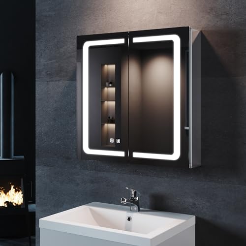 SONNI Spiegelschrank Bad mit Beleuchtung 65 cm breit 3 einstellbare Lichtfarbe, doppeltürig Aluminium beschlagfrei Badezimmer spiegelschrank mit Steckdose, Kabelloses Scharnier