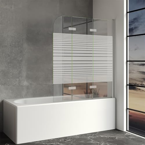 IMPTS 140 x 140 cm Duschwand für Badewanne 3-teilig Duschabtrennung Badewannenaufsatz mit Streifen Milchglas Badewannenfaltwand mit 6mm Nano Beschichtung ESG Sicherheitsglas