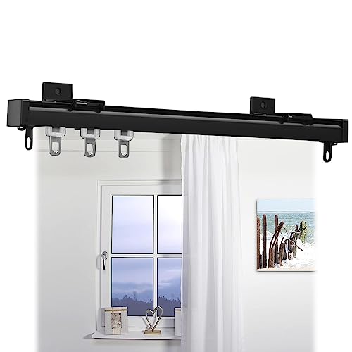 Gardinenstangen Vorhang-Einzelschienen, 2 mm dick, strapazierfähige Vorhangschienen – mit Rollen und Nanos-Silent-Streifen, for Duschtrennwände im Büro und Wohnzimmer(Black,90cm(3ft))