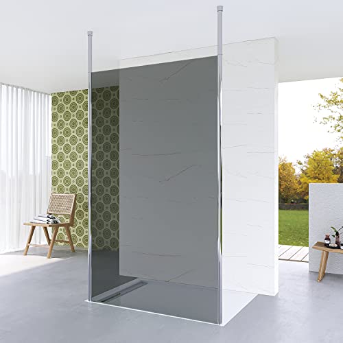 Walk in Duschwand Glas 122 x 200 cm freistehend begehbare Dusche ebenerdige Duschabtrennung offene Dusche Glastrennwand Duschtrennwand | Echtglas Grauglas 8 mm | Nano Beschichtung | Deckenstütze