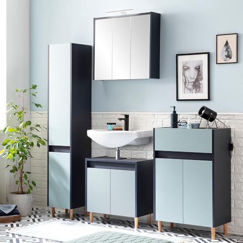 Lomadox Badezimmer Set 4-teilig Waschbeckenunterschrank Badezimmerschrank inkl. Spiegelschrank mit LED Beleuchtung modern in blau