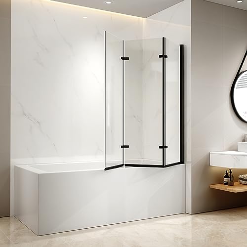 EMKE Duschwand für Badewanne 130x140 cm, Schwarz Duschtrennwand für Badewanne 3-teilig Faltbar, Badewannenaufsatz 6mm NANO-GLAS Duschabtrennung Badewanne Duschwand Glaswand