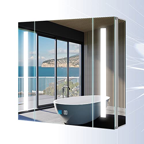 Tokvon® Alameda Spiegelschrank Bad mit LED Beleuchtung Einstellbare Helligkeit Doppelstecker-Rasiersteckdose Sensorschalter Anti-Beschlag-Schalter Spiegelseitenwände 65 x 60cm