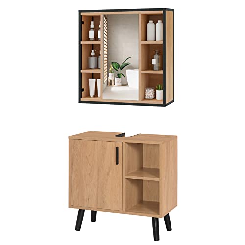 EUGAD Badezimmer Badmöbel Set Waschbeckenunterschrank Unterschrank Badezimmerschrank mit Spiegelschrank Metall + Holz Model 18