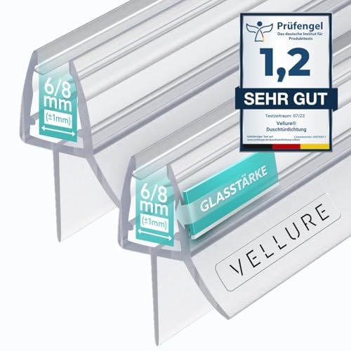 Vellure® Duschdichtung - NEU Premium Dichtung Dusche Glastür - Langlebige Duschtürdichtung unten, Gummilippe für Duschtüren (2x für Glasstärke 6mm - Universallänge bis 100cm)