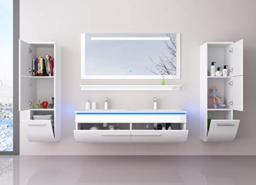 Badmöbel Doppelwaschbecken Set Weiß 120 cm mit 2 Hängeschränken Waschbecken Spiegel und Ablage Vormontiert...