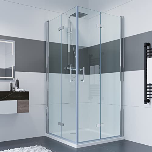 IMPTS Duschkabine 80x100 cm Duschabtrennung Falttür Eckeinstieg Nano Glas Komplettset Dusche MIT Duschwanne & Ablaufgarnitur, 195cm