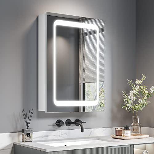 Dripex Spiegelschrank Bad mit Beleuchtung, Glasablage und Steckdose, Badezimmerschrank mit Spiegel, Sensor-Schalter, Beschlagfrei 60 x 80 cm Weiß