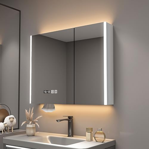 SFJATTA Bathroom cabinet with mirror, Spiegelschrank Bad mit LED Beleuchtung, Bathroom Mirror Cabinet with Anti-Fog Lighting, mit LED-Beleuchtung und Spiegel(Creamy white,70 * 70cm)