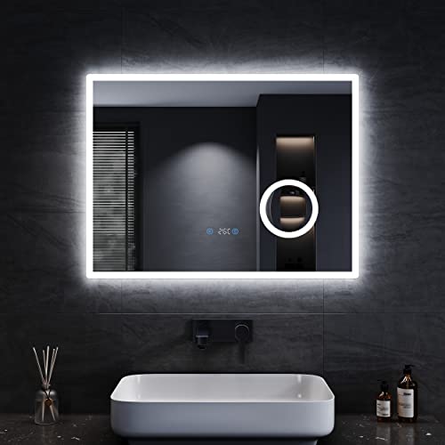 SONNI Badezimmerspiegel mit Beleuchtung 80x60 cm 3 einstellbare Lichtfarbe, Anti-Beschlag LED Badspiegel Lichtspiegel Wandspiegel mit Touchschalter, Uhr, Temperatur, 3-Fach Vergrößerung