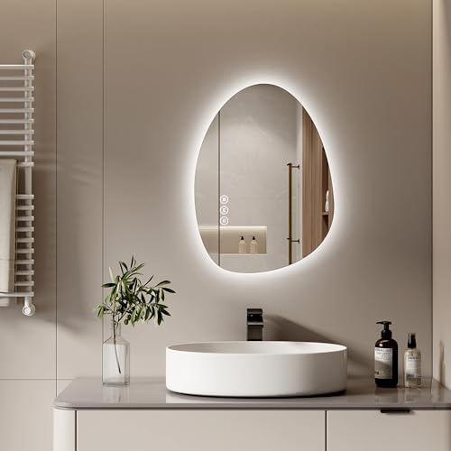 S'AFIELINA Spiegel mit Beleuchtung Asymmetrischer LED Badspiegel 60 x 45 cm mit Touch-Schalter, Dimmbar 3 Lichtfarbe Einstellbare, Beschlagfrei Badezimmerspiegel mit Beleuchtung