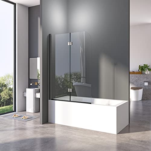 Duschwand für Badewanne 100x140 cm Badewannenfaltwand 2-teilig Faltbar 6mm ESG Glas Nano Beschichtung Duschtrennwand Schwarz