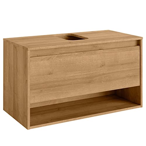 FACKELMANN Waschtischunterschrank Natura mit Beckenausschnitt/Badschrank mit Soft-Close-System/Maße (B x H x T): ca. 93,4 x 52,3 x 45,5 cm/hochwertiger Schrank fürs Bad/Korpus & Front: Braun