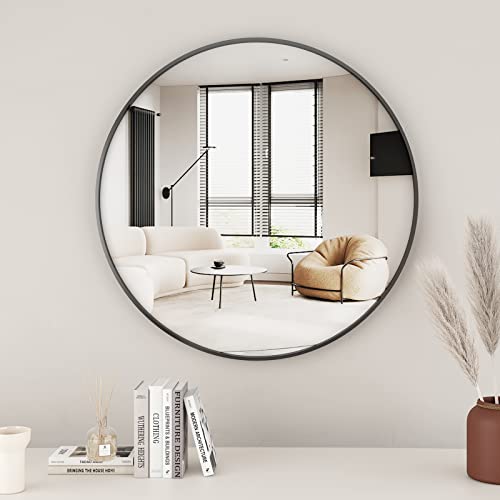 Koonmi 60cm Runder Spiegel Schwarz Spiegel Rund Wandspiegel mit Rahmen aus Aluminiumlegierung für Badezimmer, Waschtisch, Wohnzimmer, Schlafzimmer, Eingang Wanddekoration