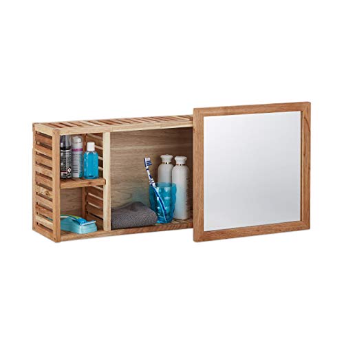 Relaxdays Wandregal mit Spiegel, Walnuss, verschiebbarer Spiegel, geöltes Holz, 80 cm breit, besonders fürs...