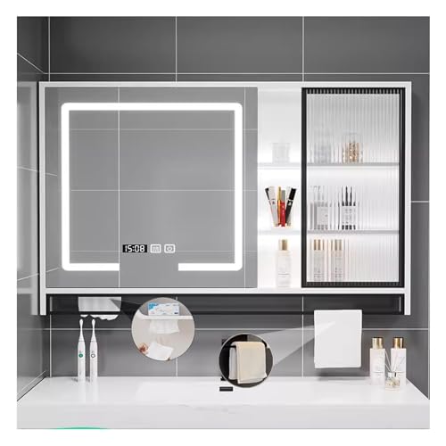 Spiegelschrank Bad mit LED, spiegelschrank mit beleuchtung,badezimmerschrank mit spiegel,Beleuchtung Badezimmerschrank Hängeschrank Badezimmerspiegel，Handtuchhalter(White,W110*H75cm/W43.3*H29.5in)