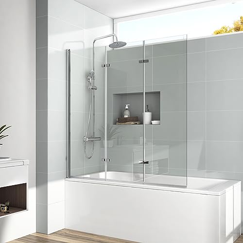 EMKE Duschtrennwand für Badewanne 130x140 cm, Duschwand für Badewanne Faltbar Faltwand Duschabtrennung Badewannenaufsatz 3 teilig 6 mm Sicherheitsglas Duschwand Badewanne