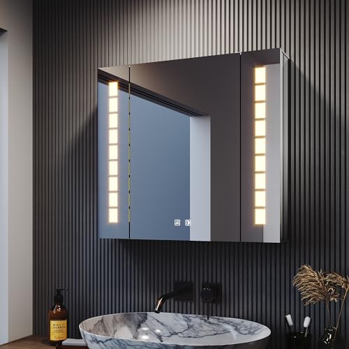 SONNI Spiegelschrank mit Beleuchtung, Aluminium beschlagfrei Spiegelschrank Bad mit Steckdose, Badezimmer-spiegelschrank mit Touch Schalter Kabelloses Scharnier Design 60 × 65cm