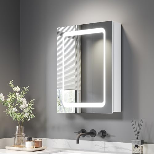 Dripex Spiegelschrank Bad mit Beleuchtung, Glasablage und Steckdose, Badezimmerschrank mit Spiegel, Sensor-Schalter, Rechtstürige Spiegelschrank, Beschlagfrei 45 x 60 cm Weiß