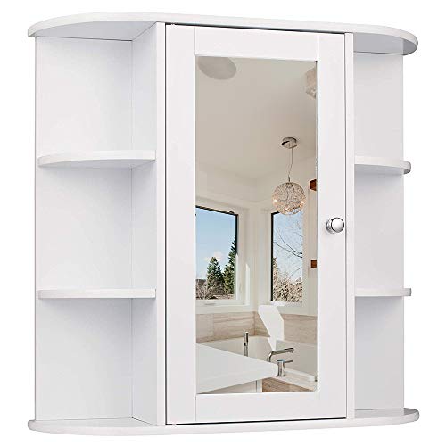 Badezimmermöbel, weiß, glänzend, mit Spiegel, Waschtisch mit Regalen, Mitteltür und Ablagen aus weißem Holz, 60 x 17 x 58 cm (A,Weiß)