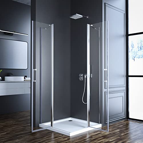 Goezes Eckeinstieg Duschkabine 90x90cm Duschabtrennung mit Pendeltüren, Eckeinstieg Dusche aus 6mm NANO-Beschichtung ESG Glas, Duschwand Scharniertür Duschkabine Höhe 185cm