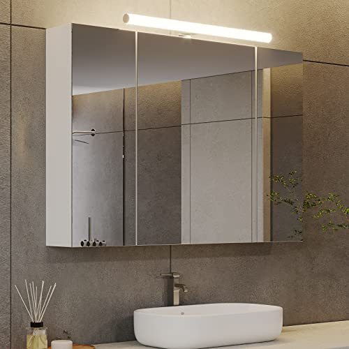 DICTAC Spiegelschrank Bad,Steckdose und Lichtschalter 80x16x60cm(BxTxH),Badschrank mit Beleuchtung und Spiegel,Badezimmer mit 3 Türen,Hängeschrank,badspiegel,Weiß