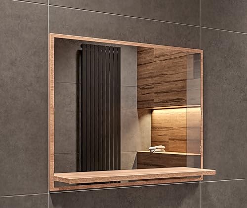 HAJDUK FURNITURE Badspiegel mit Ablage Sonoma-Eiche - H:50 x B: 60 cm - Bathroom Mirror - Moderner Badezimmer Spiegel Rechteckig - Wandspiegel mit Regal - Premium-Linie