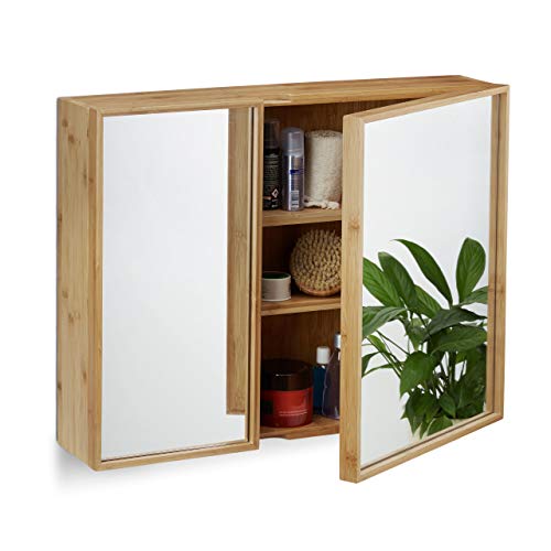 Relaxdays Bad Spiegelschrank 2-türig, Wandschrank aus Bambus, vormontierter Badschrank HxBxT: 50 x 65 x 14...