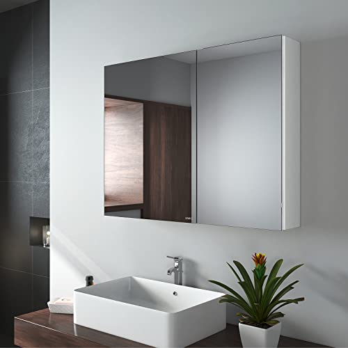 EMKE Spiegelschränke 85x65cm Spiegelschrank Badschrank mit Doppelseitiger Spiegel (Weiß)