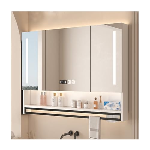 Spiegelschrank Bad mit LED Beleuchtung，Spiegelschrank，badezimmer spiegelschrank，Spiegelschrank mit drei oder zwei Türen, Toilette (ohne Rückwand), Weiß, Schwarz(White,W90cm*H70cm/W35in*H28in)