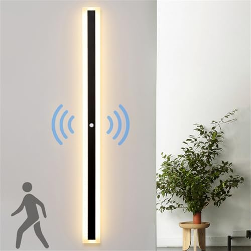 LED Wandleuchte mit Bewegungsmelder Wandlampe Schwarz Lang Innen Wandlicht IP65 Wasserdicht Aluminium Acryl Wandbeleuchtung Moderne für Schlafzimmer Wohnzimmer Treppen Badezimmer (Neutral Licht,100cm)