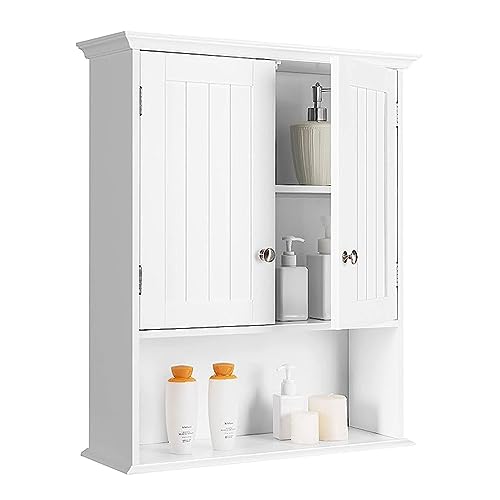 GOPLUS Hängeschrank Bad, Badschrank Holz mit verstellbarem Regal, Wandschrank hängend, Badezimmerschrank Küchenschrank, 60×19×71cm (Weiß)